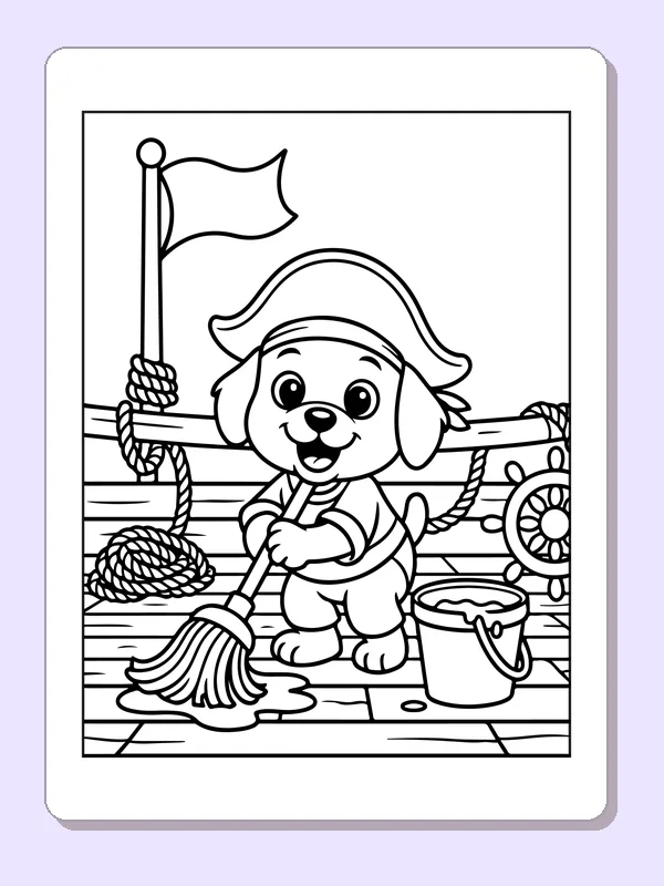Black and white printable dog pirate mopping the ship deck coloring sheet
