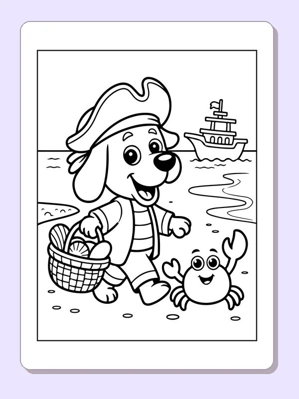Black and white printable dog pirate walking beside a crab coloring sheet