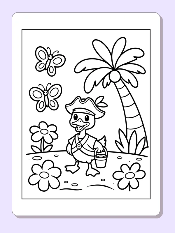 Black and white printable duck pirate under a palm tree coloring sheet