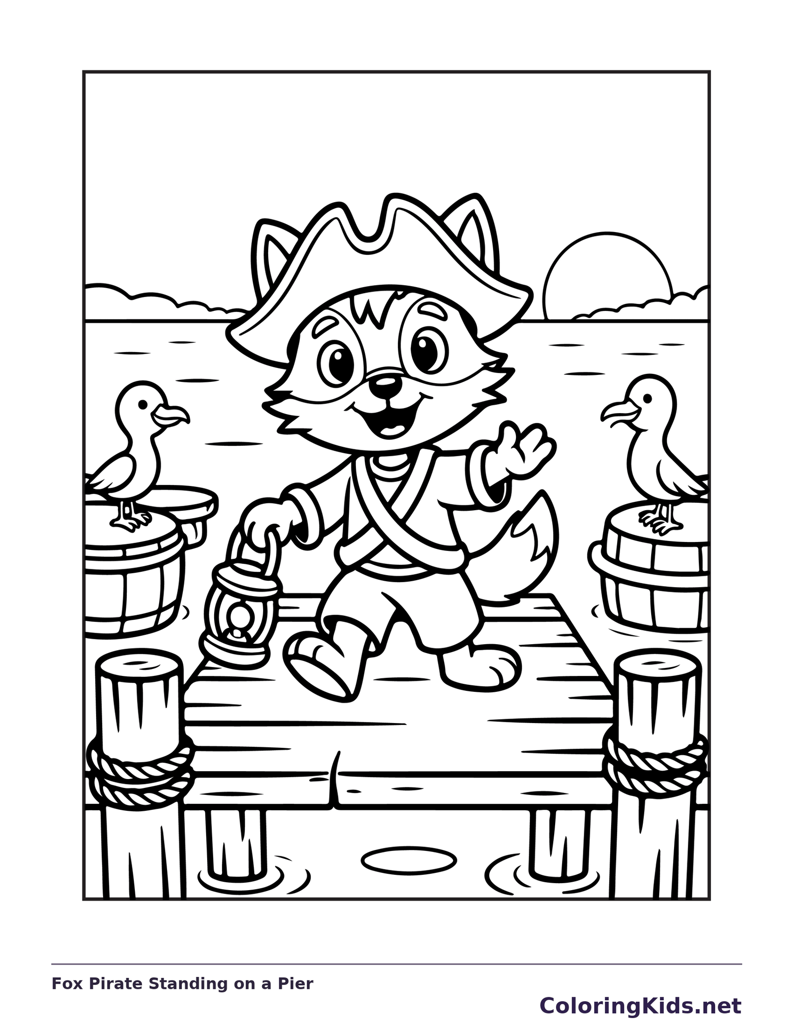 Black and white printable fox pirate standing on a pier coloring sheet