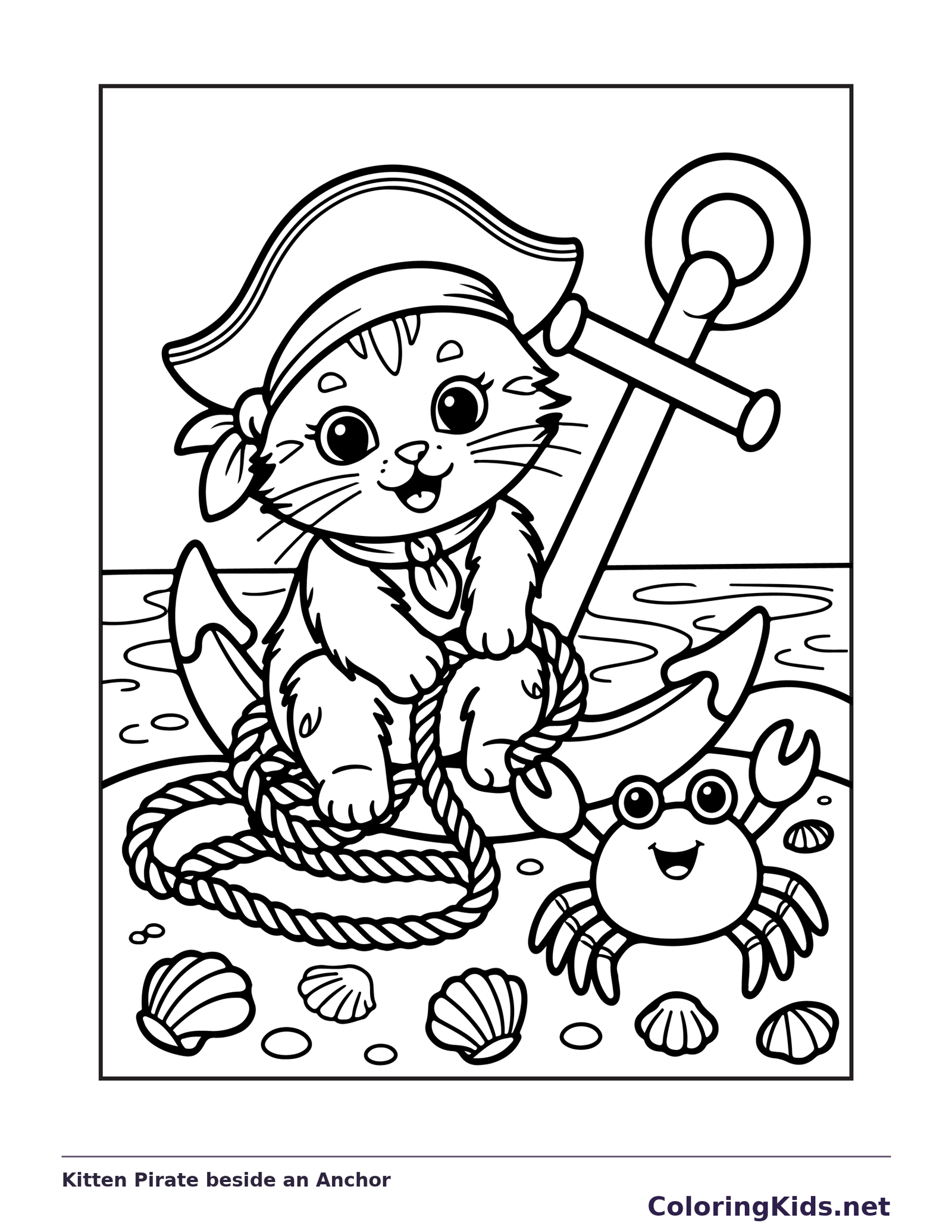 Black and white printable kitten pirate beside an anchor coloring sheet