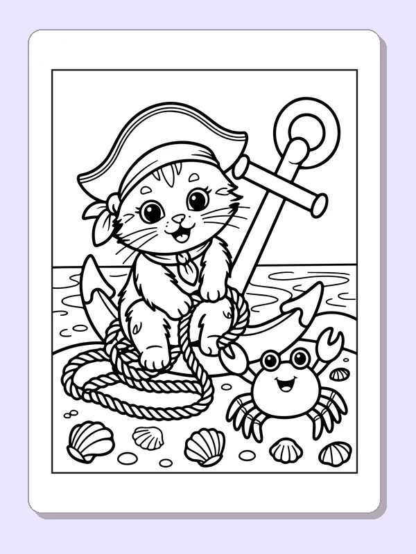 Black and white printable kitten pirate beside an anchor coloring sheet