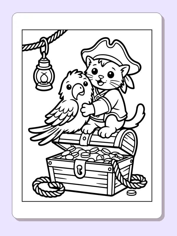 Black and white printable kitten pirate with a parrot and treasure coloring sheet