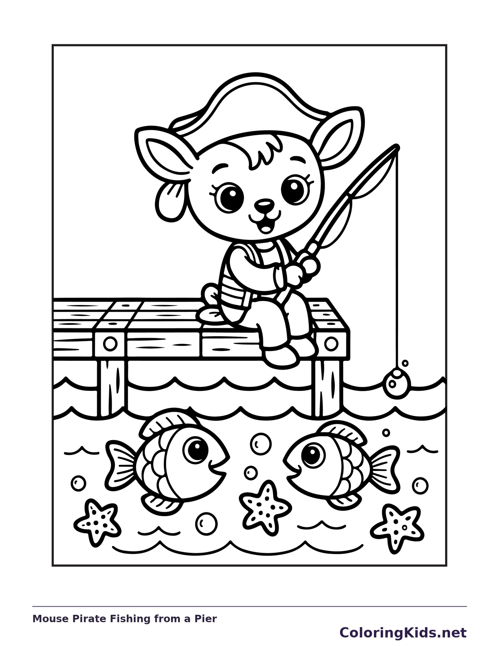 Black and white mouse pirate fishing from a pier above fish coloring sheet