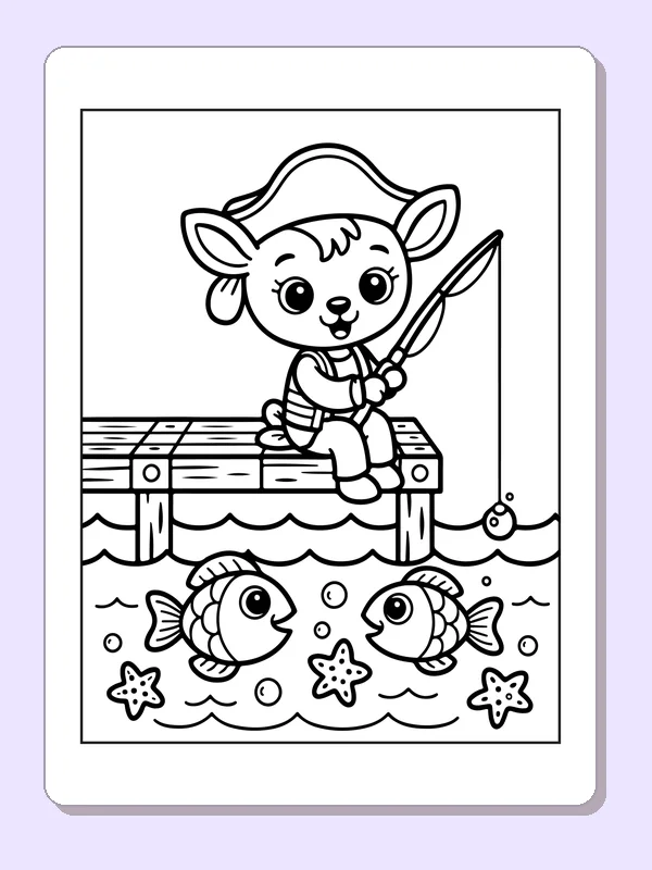 Black and white mouse pirate fishing from a pier above fish coloring sheet