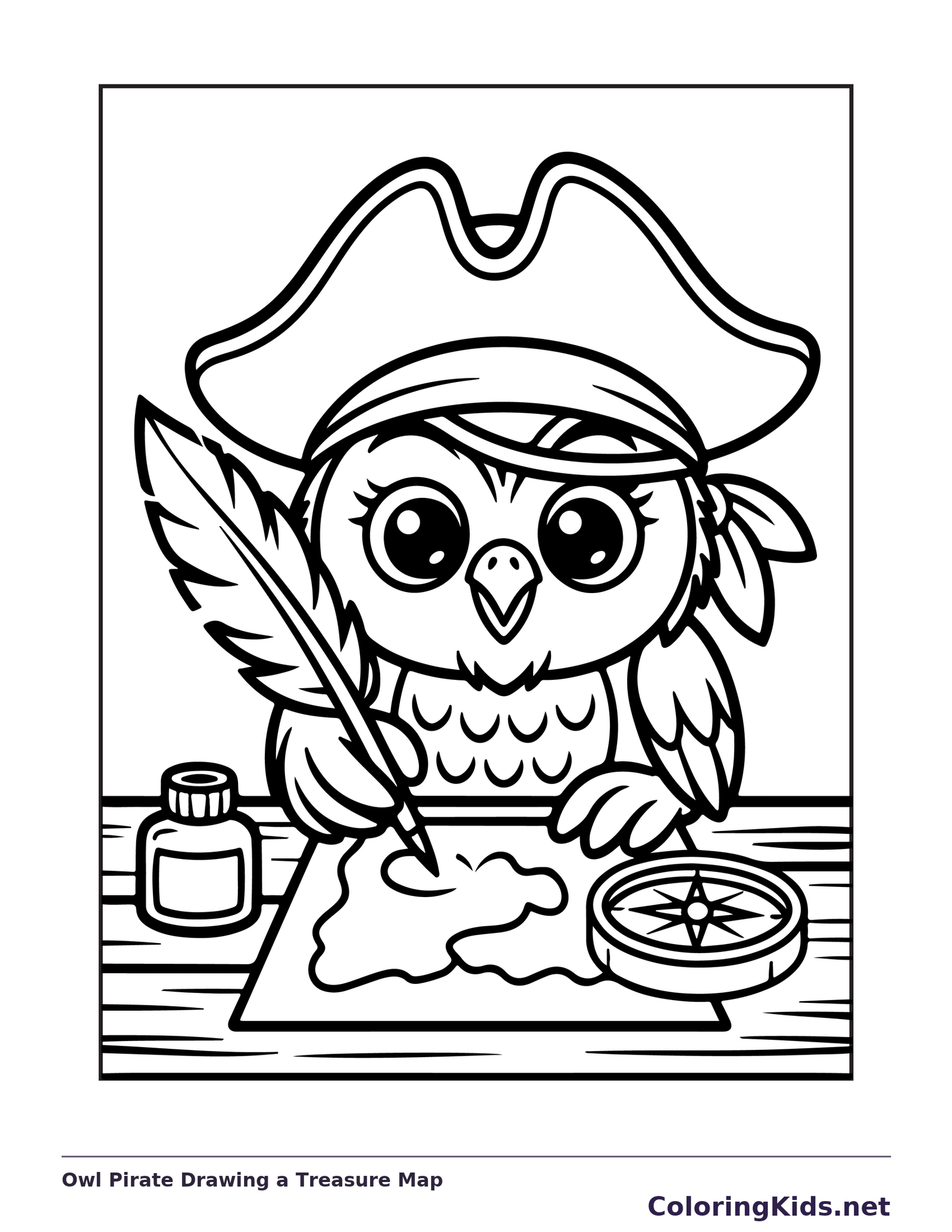 Black and white printable owl pirate drawing a treasure map coloring sheet