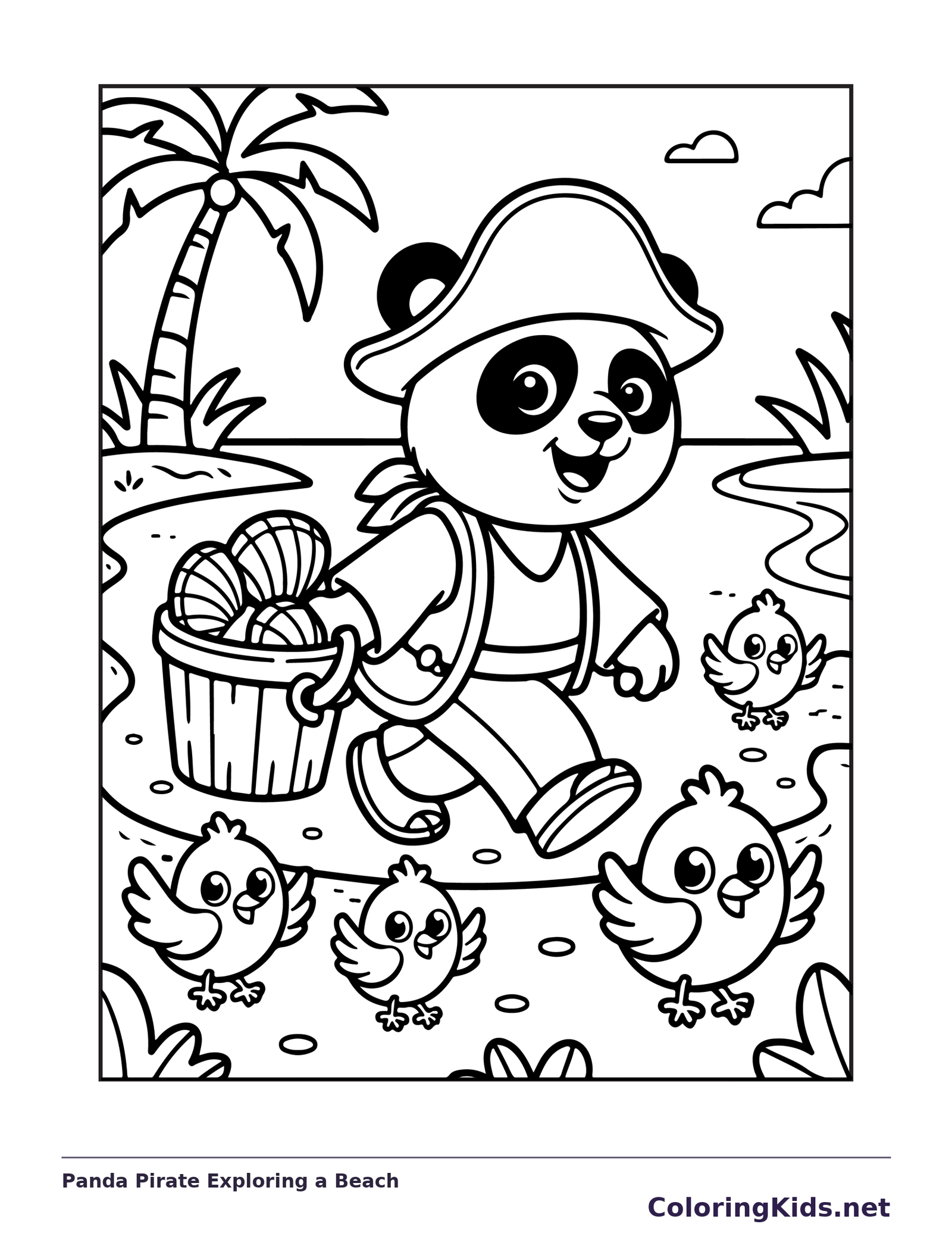 Black and white printable panda pirate exploring a beach coloring sheet
