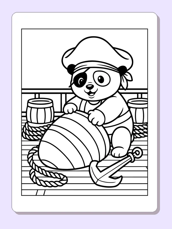 Black and white printable panda pirate sitting on a ship barrel coloring sheet