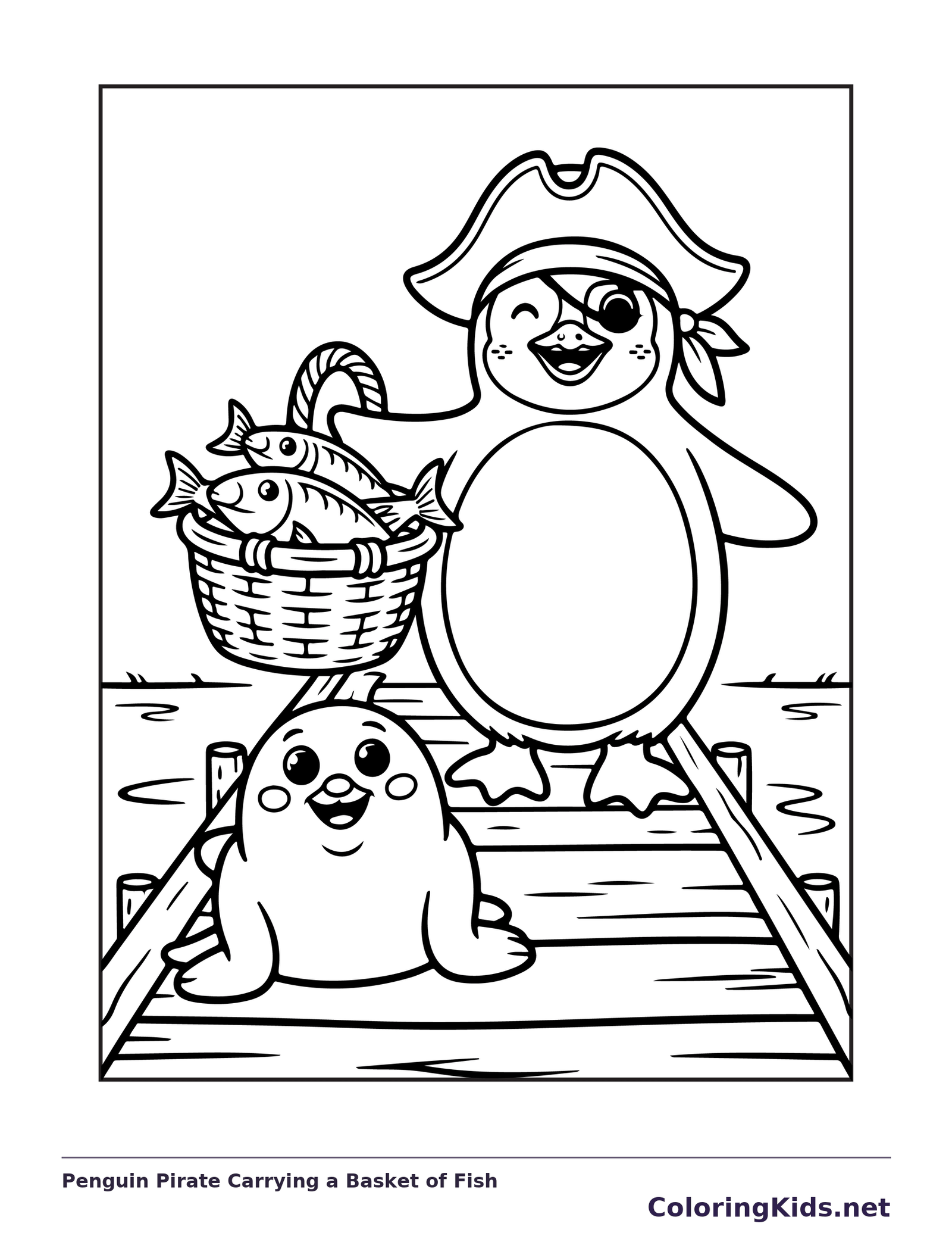 Black and white printable penguin pirate carrying a basket of fish coloring sheet