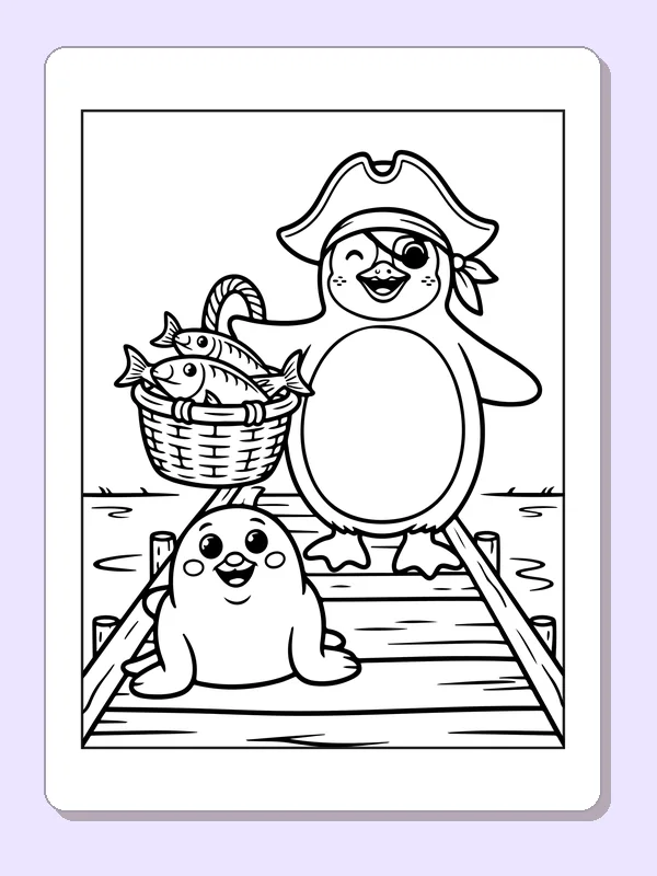 Black and white printable penguin pirate carrying a basket of fish coloring sheet