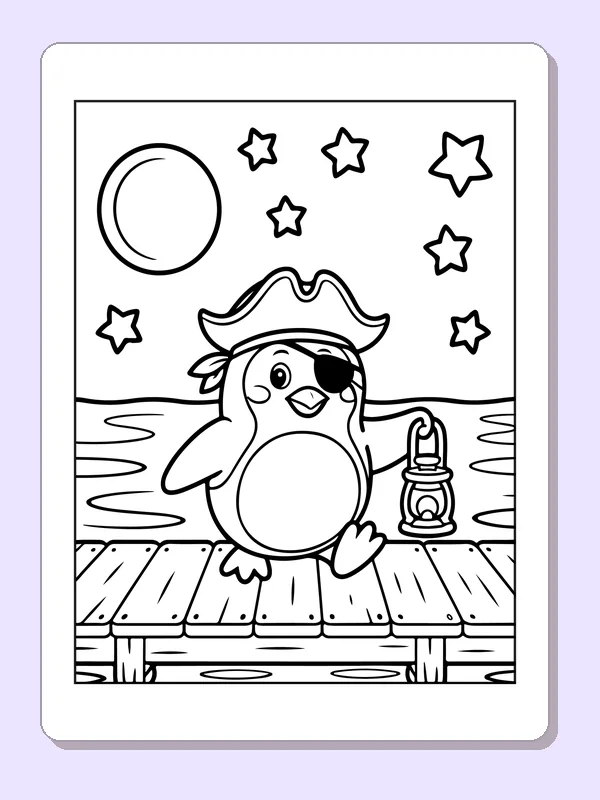 Black and white printable penguin pirate with a lantern at night coloring sheet