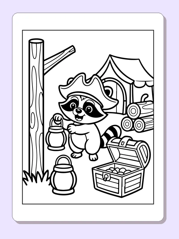 Black and white printable raccoon pirate finding a woodland chest coloring sheet