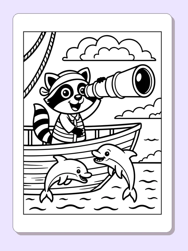Black and white printable raccoon pirate looking through a telescope coloring sheet