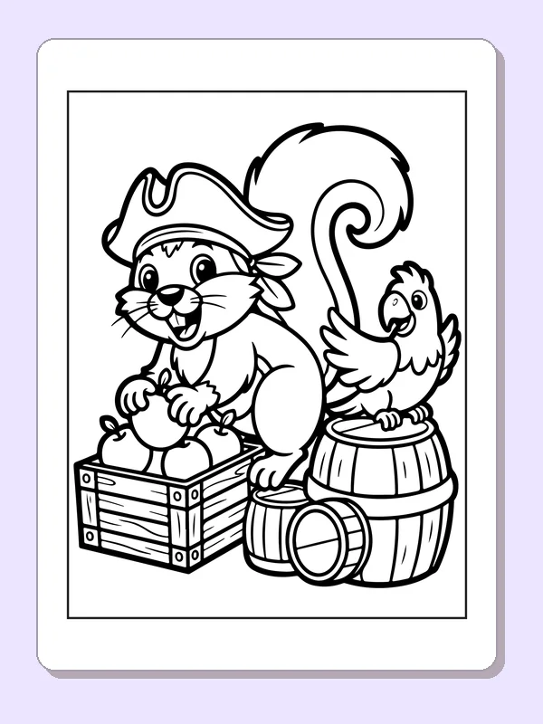 Black and white squirrel pirate beside an apple crate and parrot coloring sheet