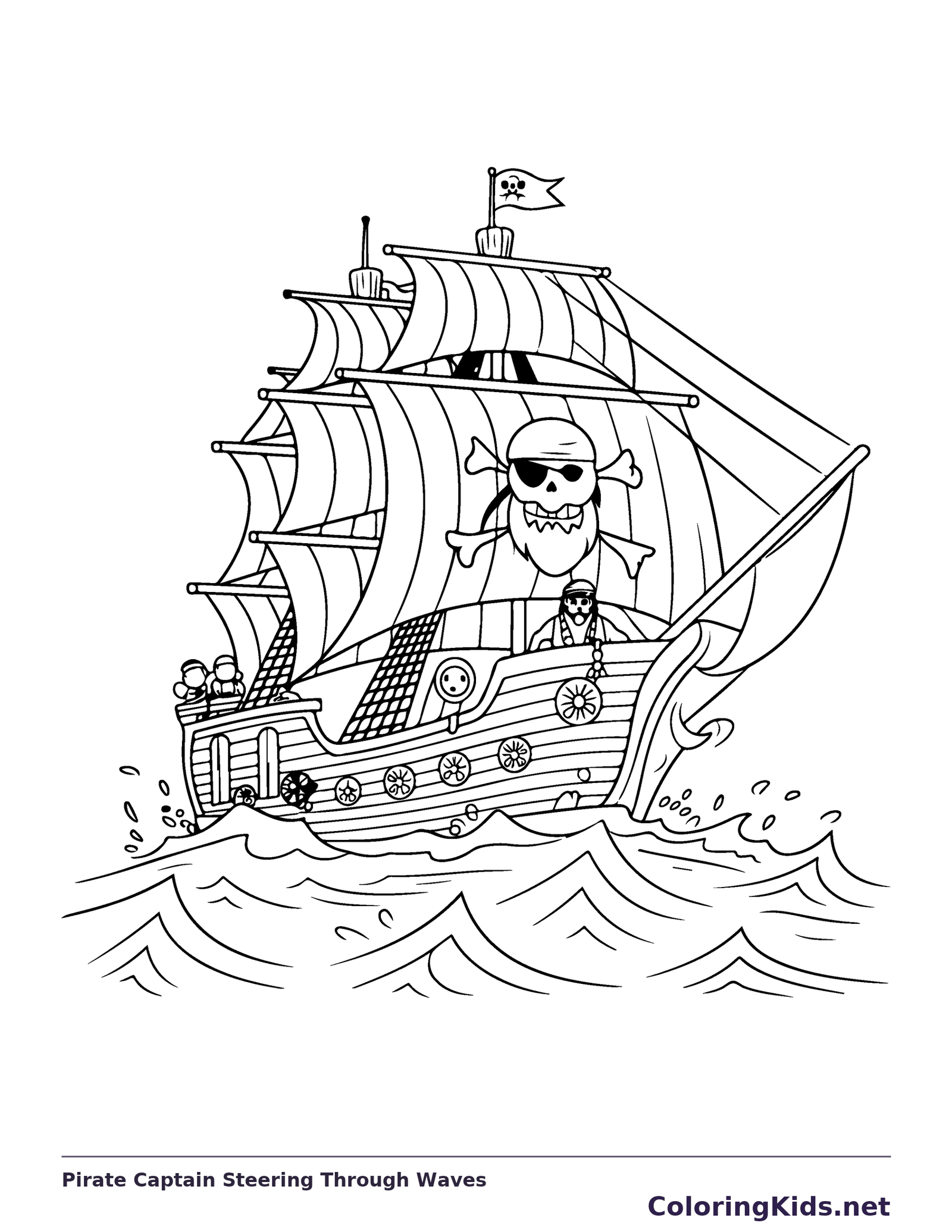 Black and white printable pirate captain steering through waves coloring sheet