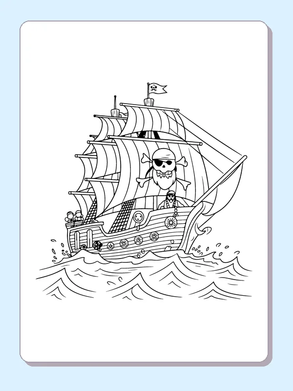 Black and white printable pirate captain steering through waves coloring sheet