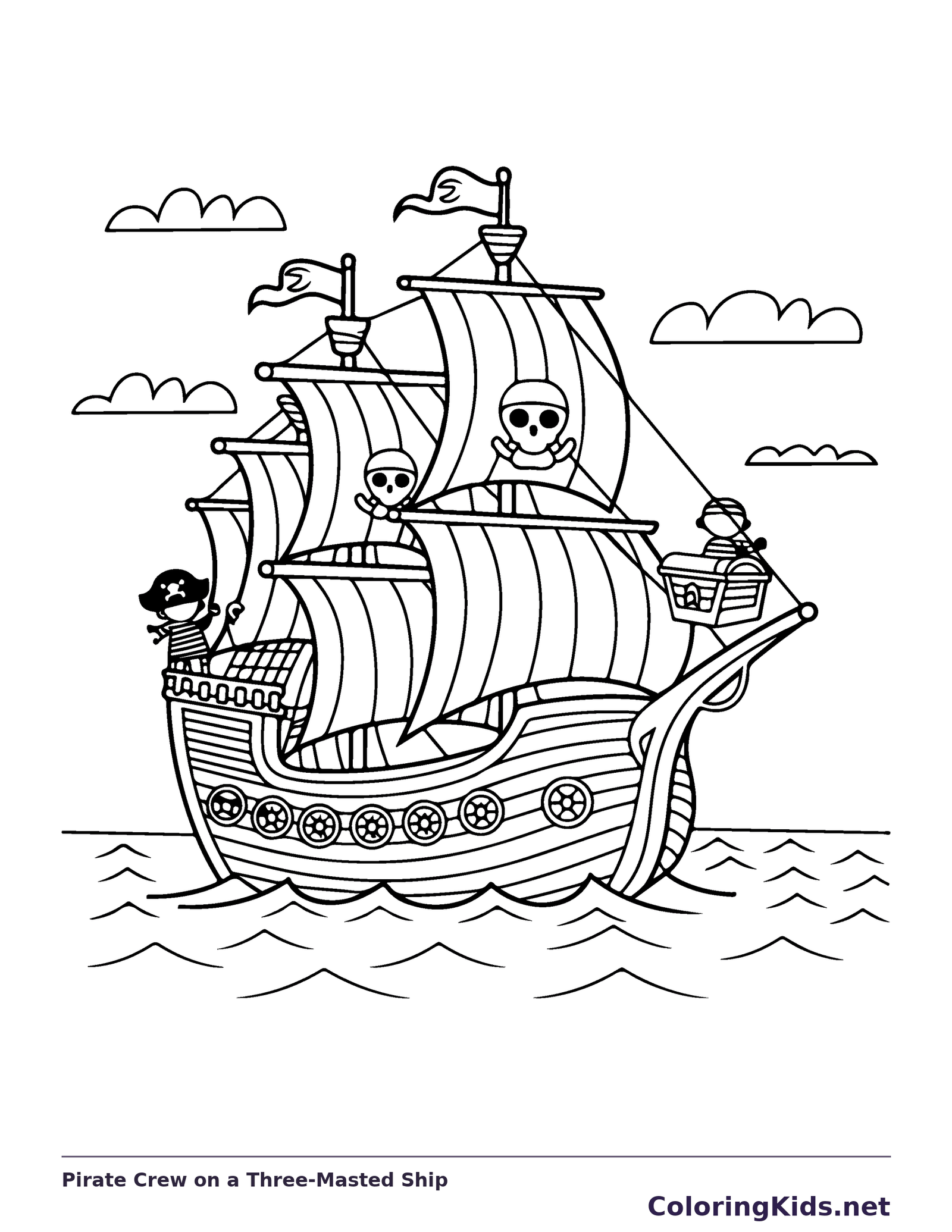 Black and white printable pirate crew on a three-masted ship coloring sheet