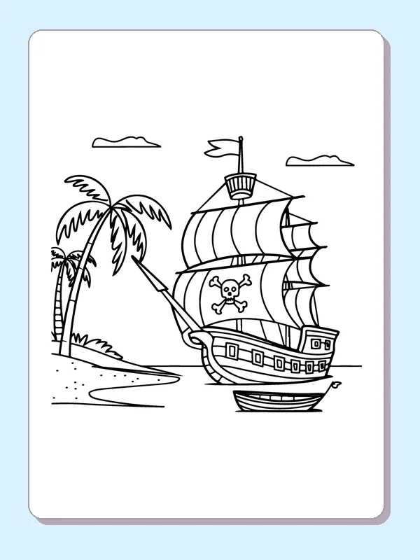 Black and white printable pirate ship approaching a palm beach coloring sheet
