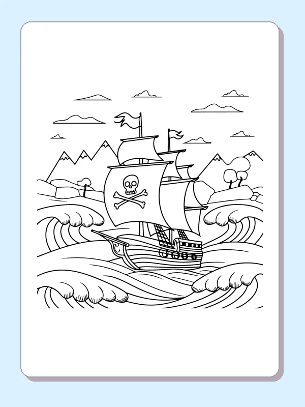 Black and white printable pirate ship beneath mountain waves coloring sheet