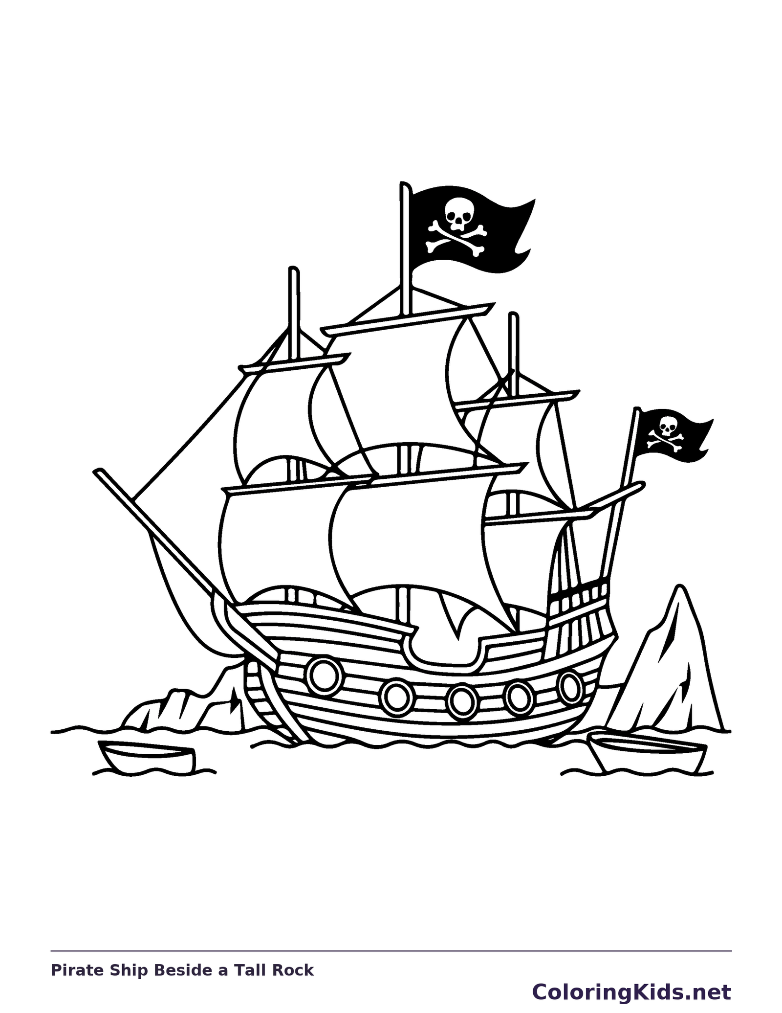 Black and white printable pirate ship beside a tall rock coloring sheet