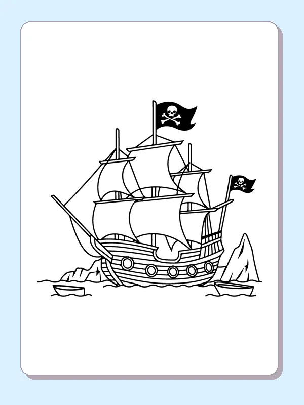 Black and white printable pirate ship beside a tall rock coloring sheet