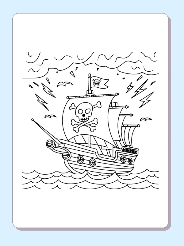 Black and white pirate ship beneath a lightning sky coloring sheet