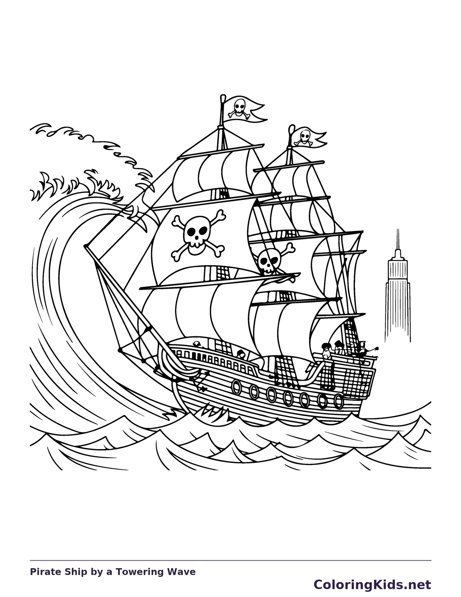 Black and white printable pirate ship by a towering wave coloring sheet