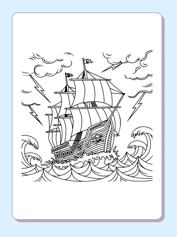 Black and white printable pirate ship climbing a huge wave coloring sheet