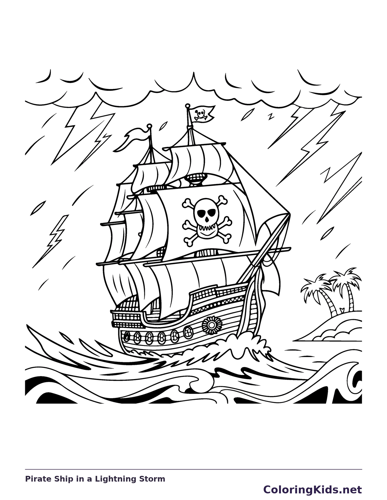 Black and white printable pirate ship in a lightning storm coloring sheet
