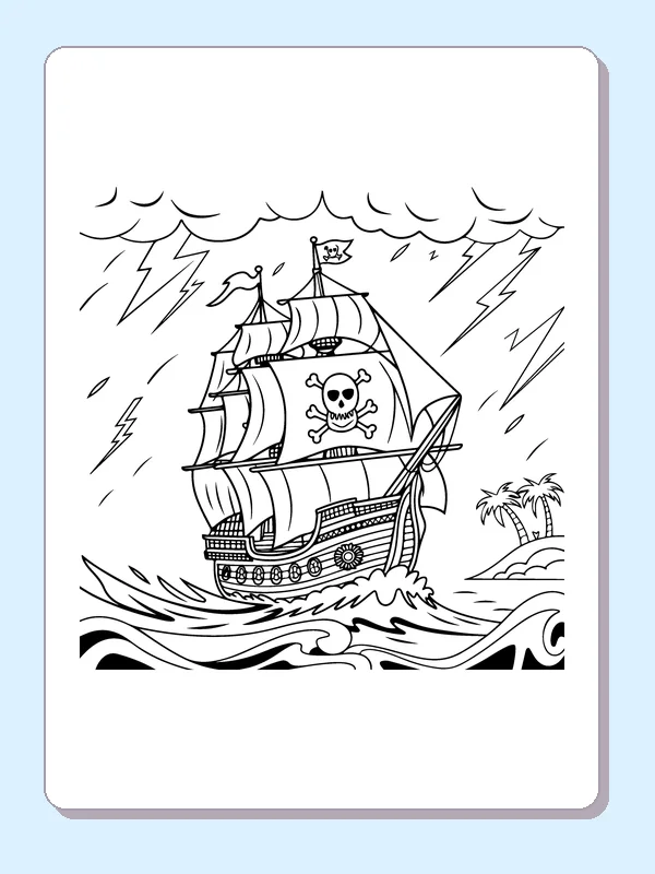 Black and white printable pirate ship in a lightning storm coloring sheet