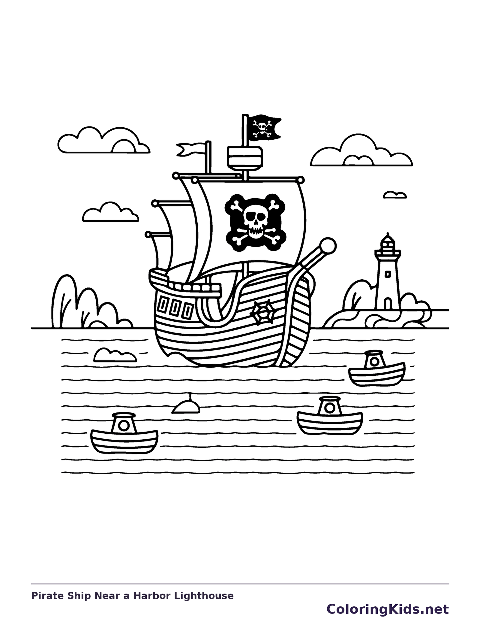 Black and white printable pirate ship near a harbor lighthouse coloring sheet