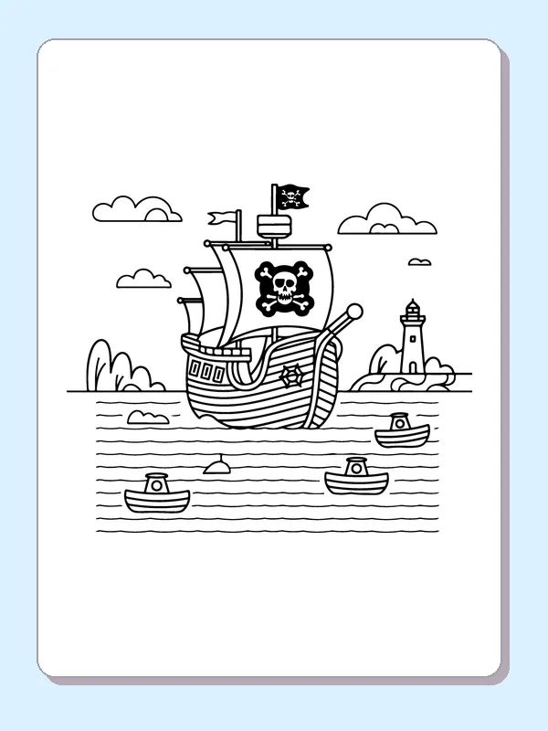 Black and white printable pirate ship near a harbor lighthouse coloring sheet