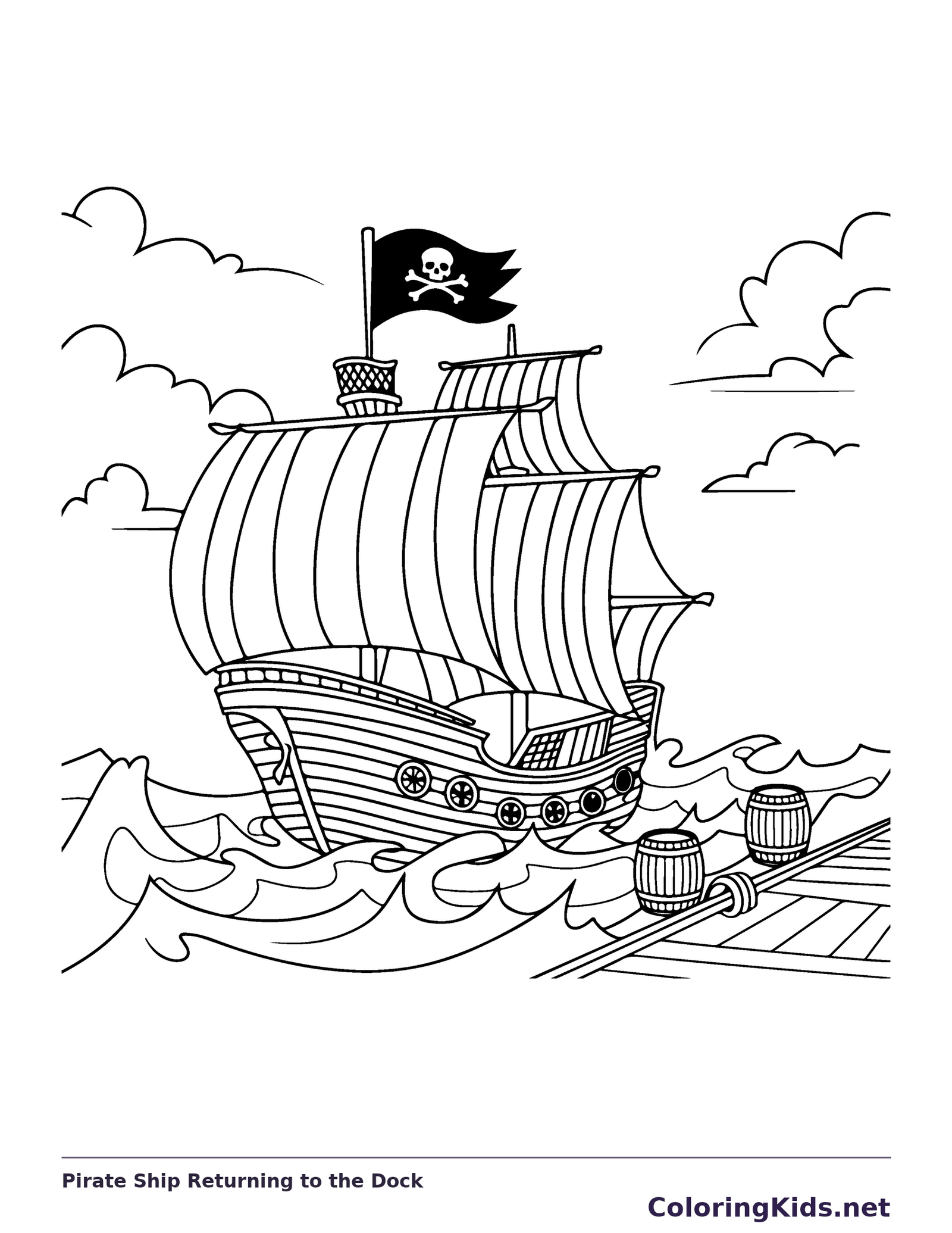 Black and white printable pirate ship returning to the dock coloring sheet