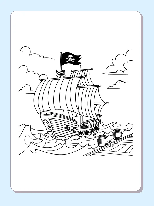 Black and white printable pirate ship returning to the dock coloring sheet