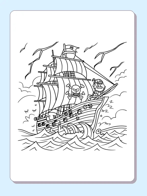 Black and white printable pirate ship riding windy seas coloring sheet