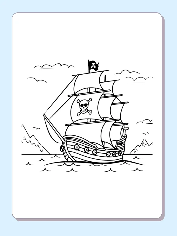 Black and white printable pirate ship sailing toward mountains coloring sheet