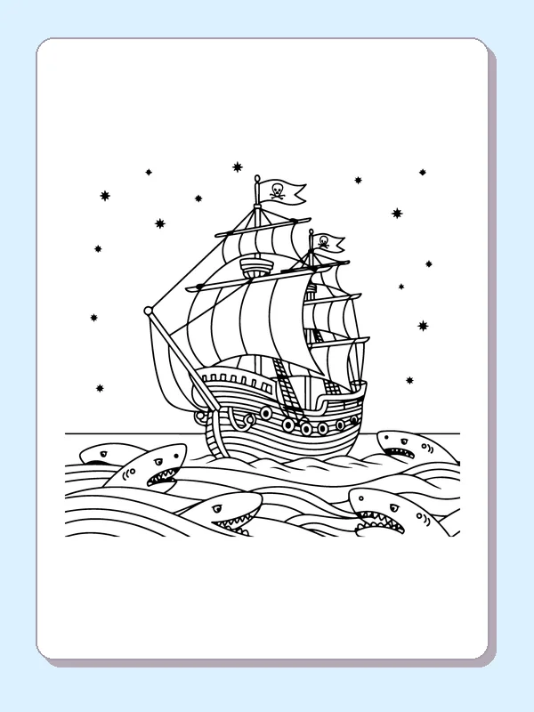 Black and white printable pirate ship under a starry sky coloring sheet
