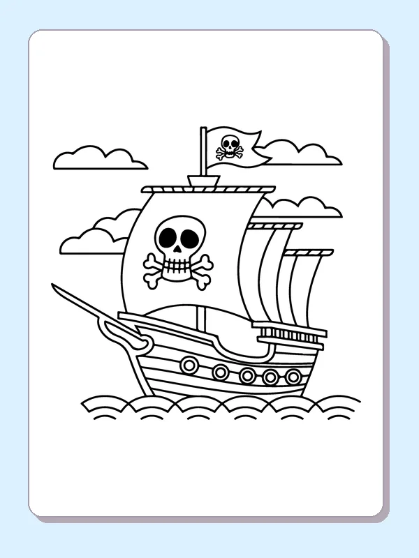 Black and white printable pirate ship with one skull sail coloring sheet