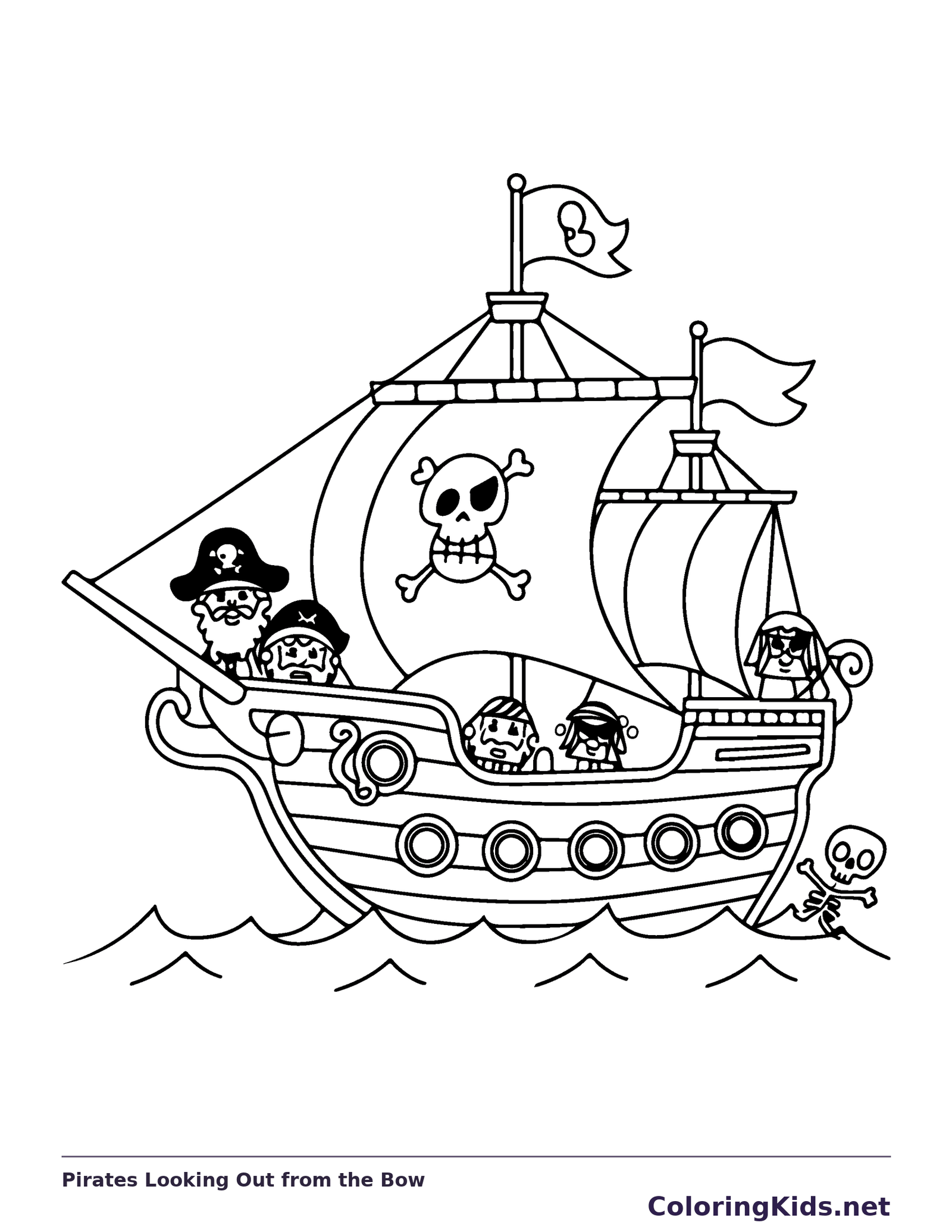 Black and white printable pirates looking out from the bow coloring sheet