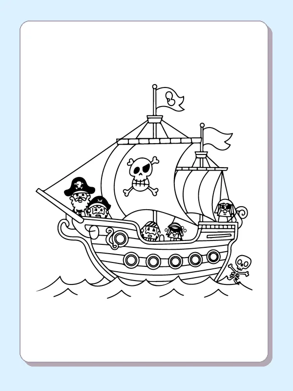 Black and white printable pirates looking out from the bow coloring sheet