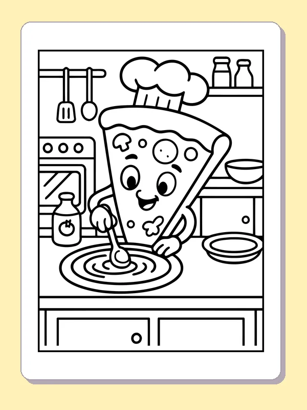 Black and white printable pizza slice cooking in a kitchen coloring sheet