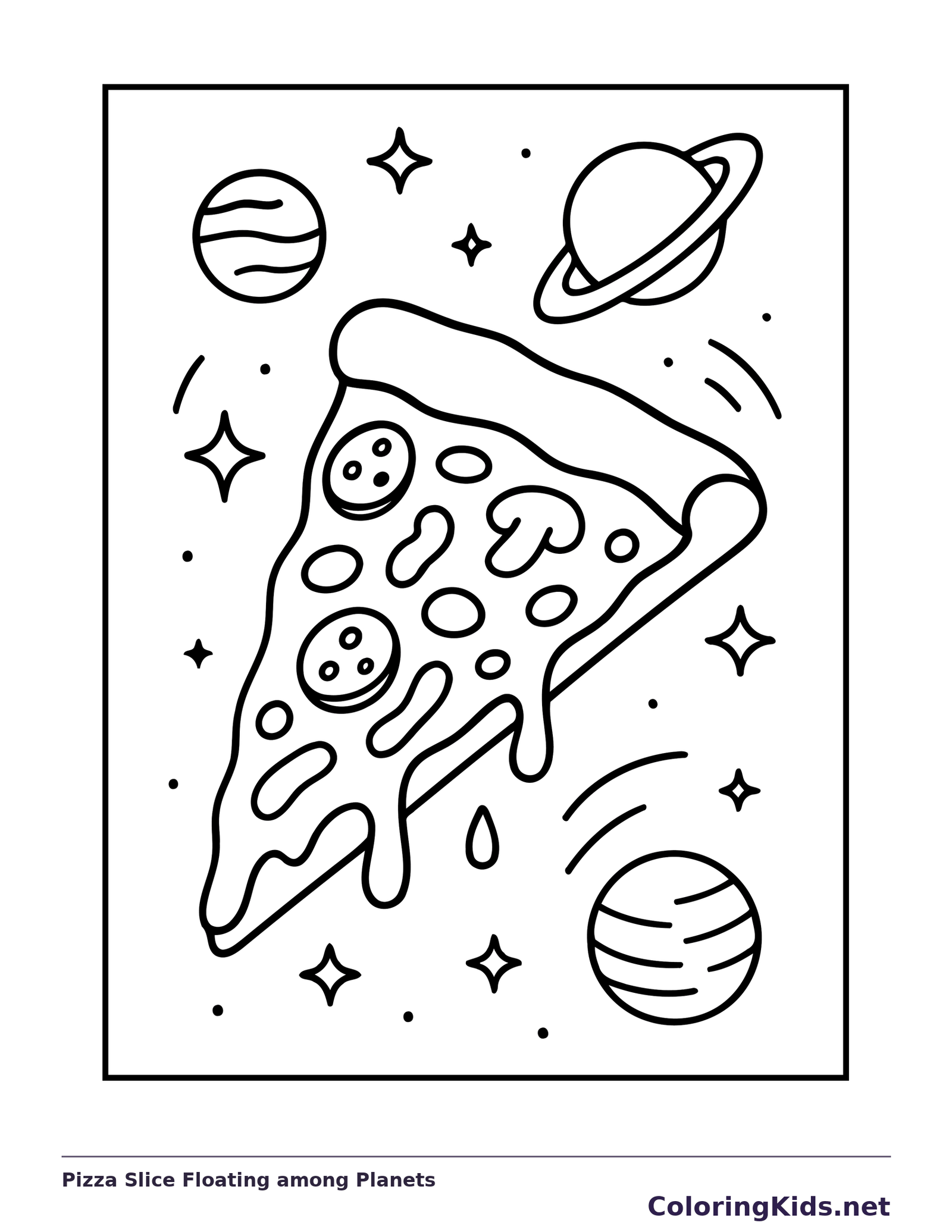 Black and white printable pizza slice floating among planets coloring sheet