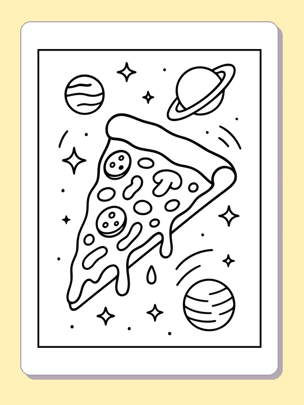 Black and white printable pizza slice floating among planets coloring sheet
