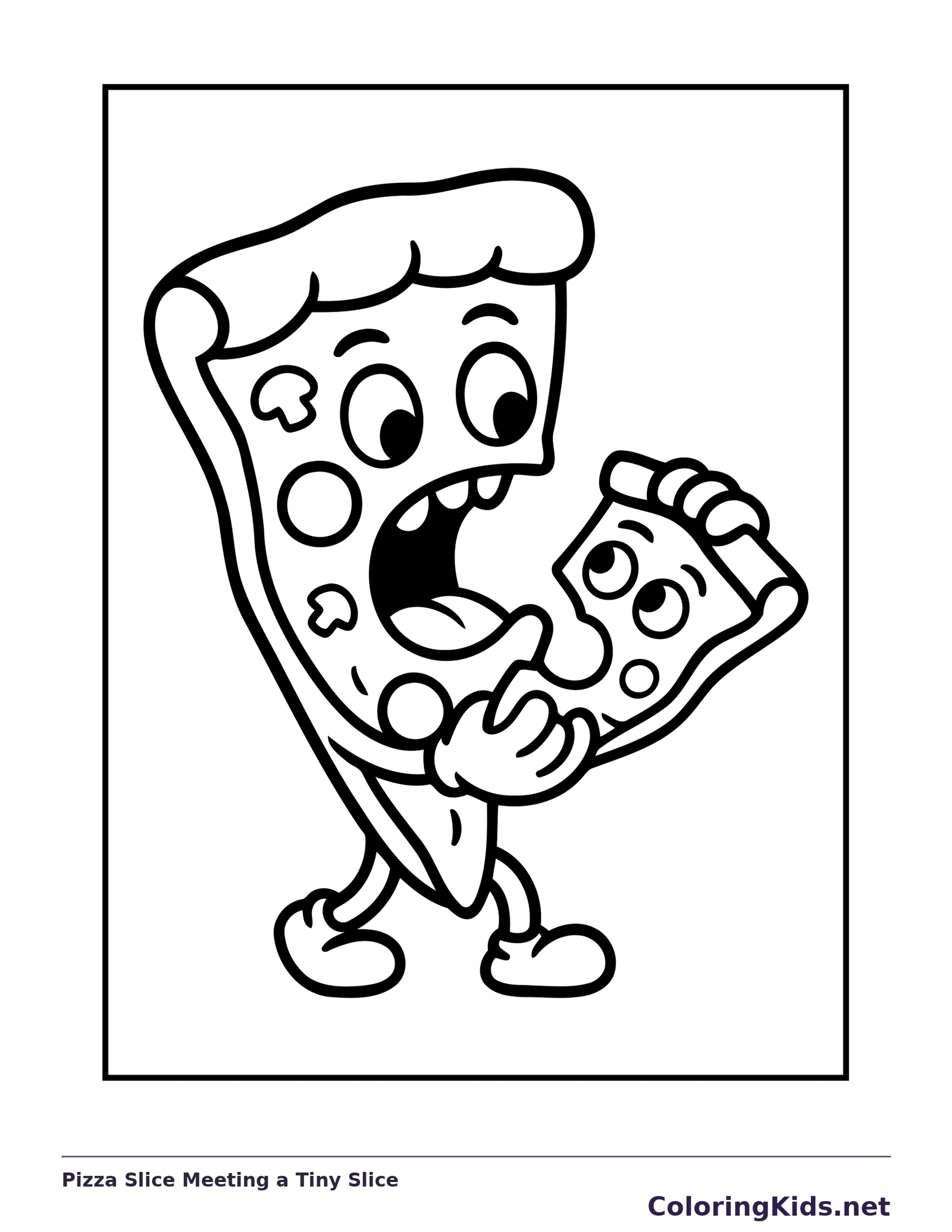 Black and white printable pizza slice meeting a tiny slice coloring sheet