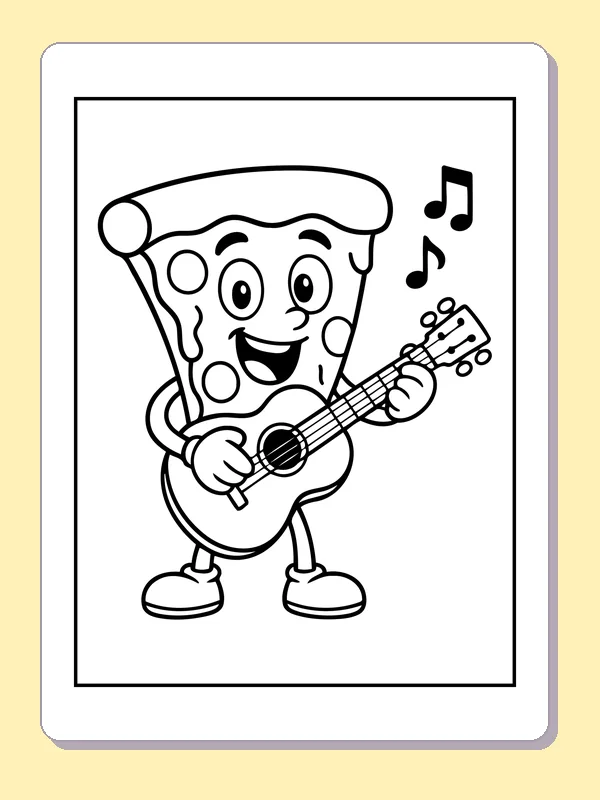 Black and white printable pizza slice playing a guitar coloring sheet