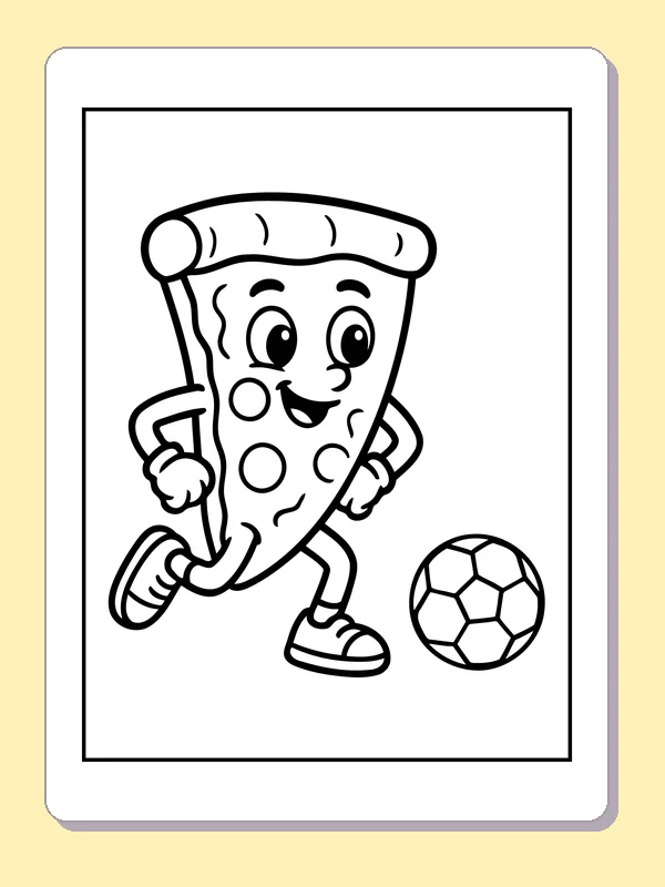 Black and white printable pizza slice running toward a soccer ball coloring sheet