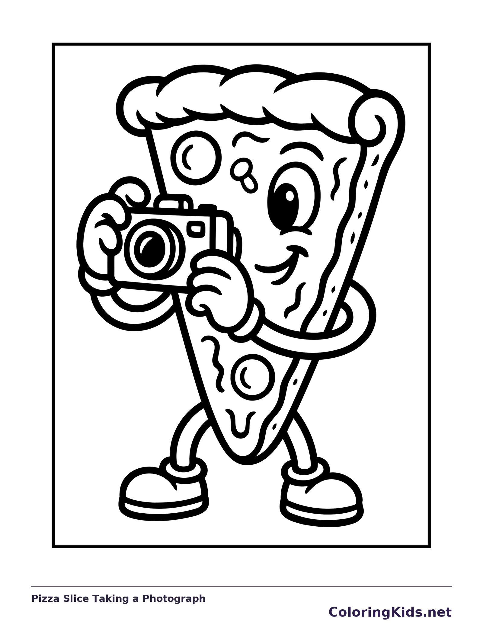 Black and white printable pizza slice taking a photograph coloring sheet