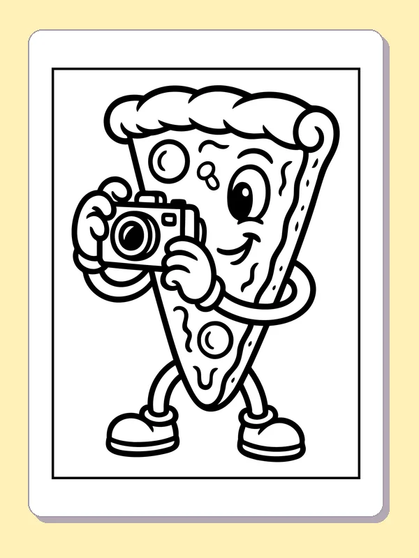Black and white printable pizza slice taking a photograph coloring sheet