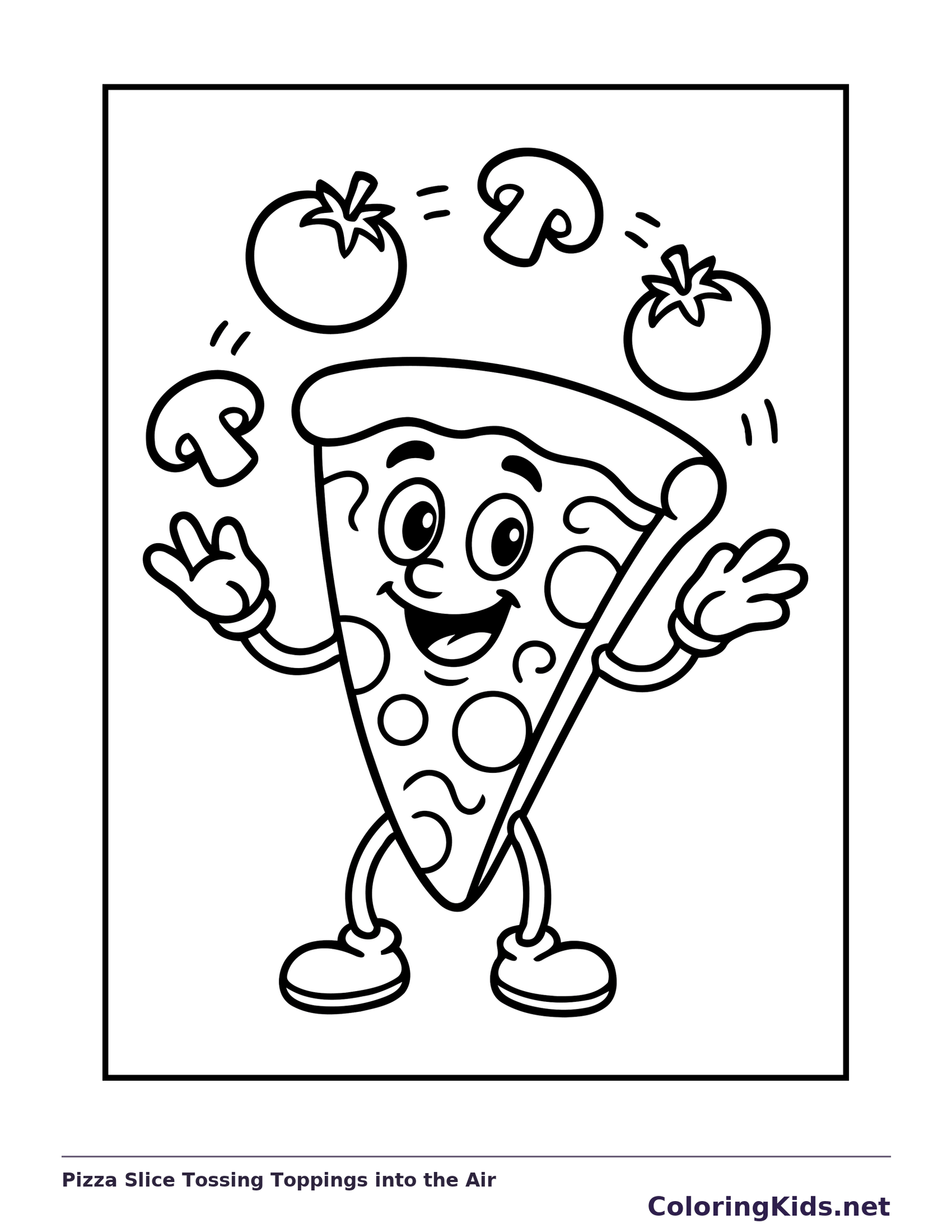Black and white printable pizza slice tossing toppings into the air coloring sheet
