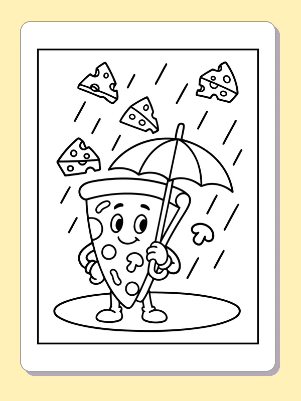 Black and white printable pizza slice holding an umbrella in rain coloring sheet